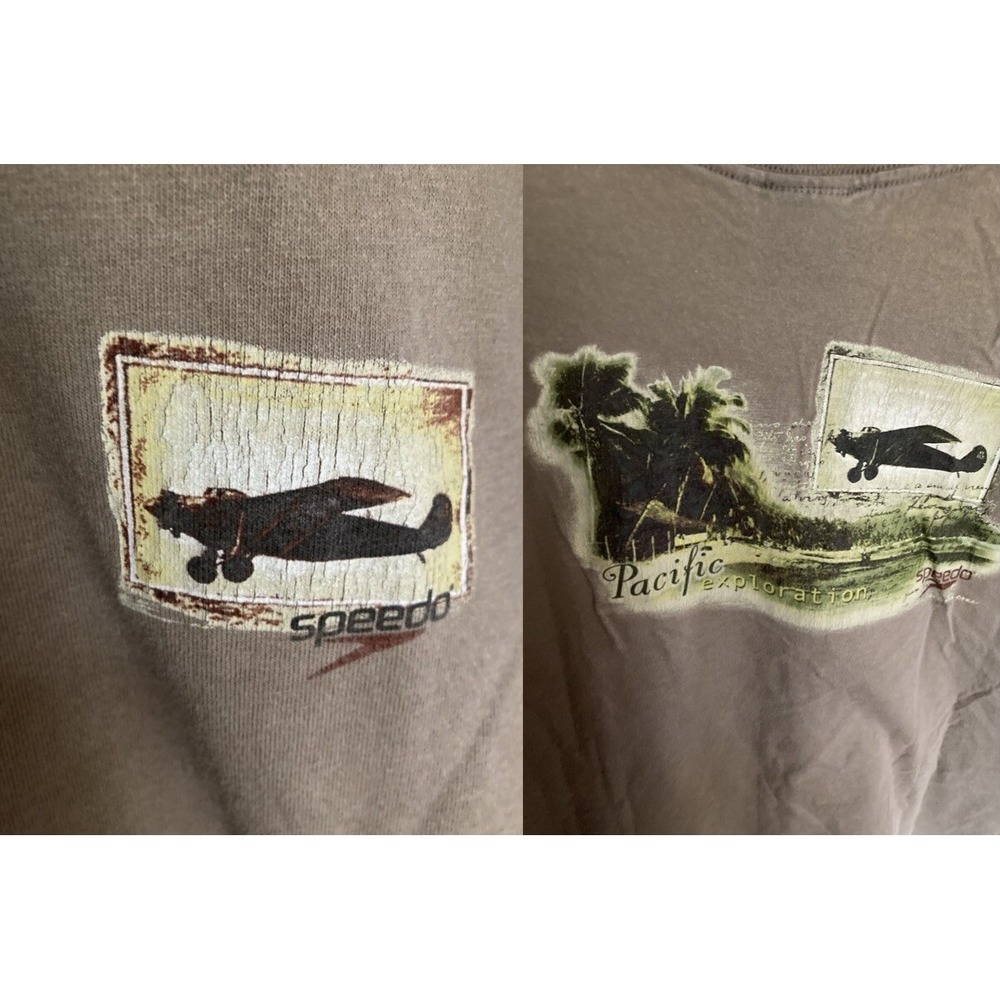 Speedo Mens Pacific Exploration Airplane Graphic T-Shirt XL Brown Cotton Tee